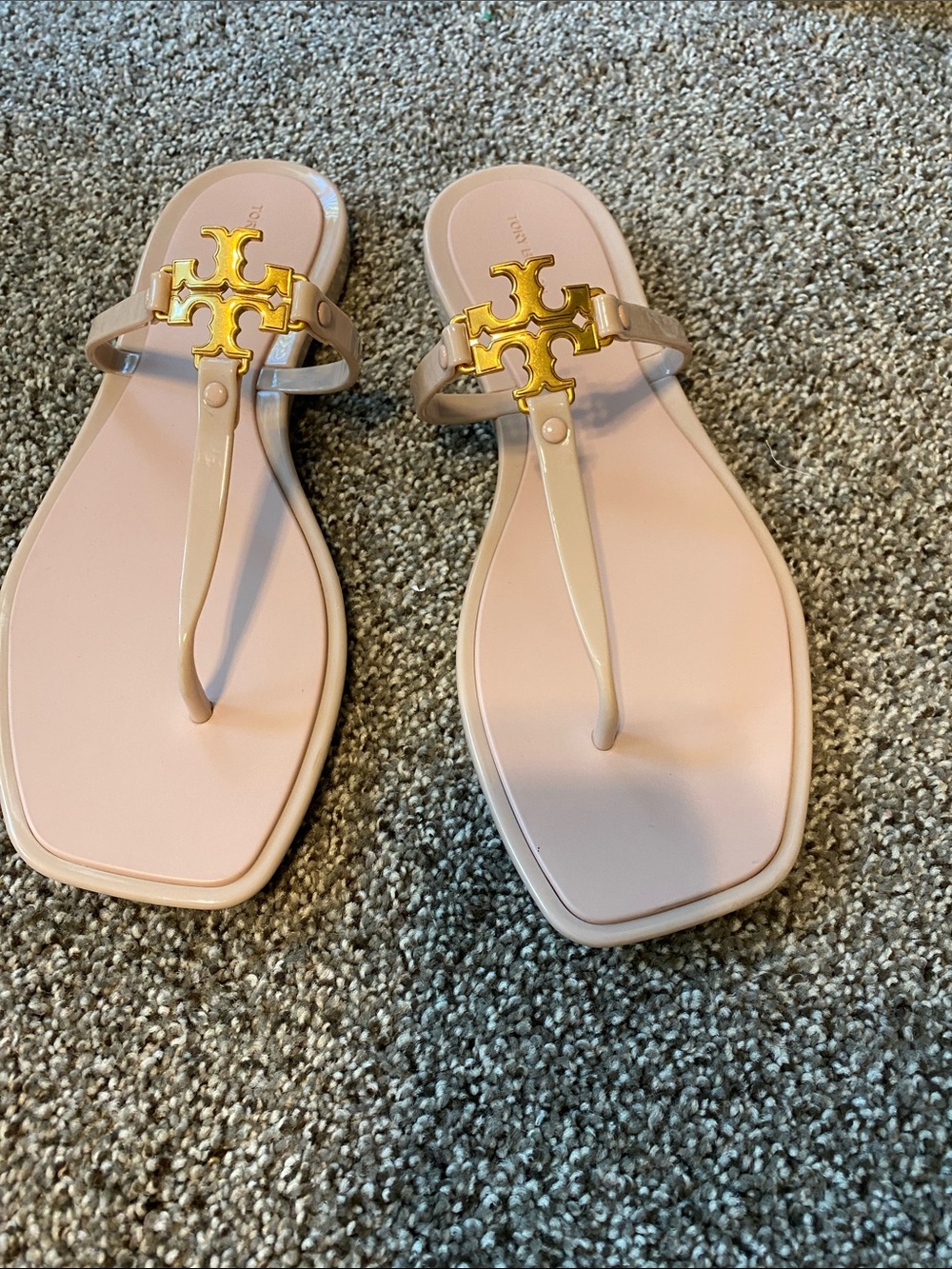 Tory Burch Blush Pink T-Strap Sandals with Gold Logo